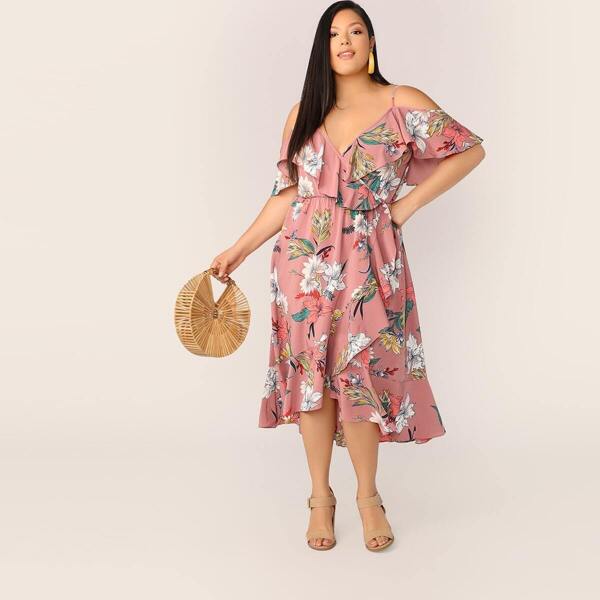 

Plus Cold Shoulder Surplice Neck Ruffle Trim Dress, Pink
