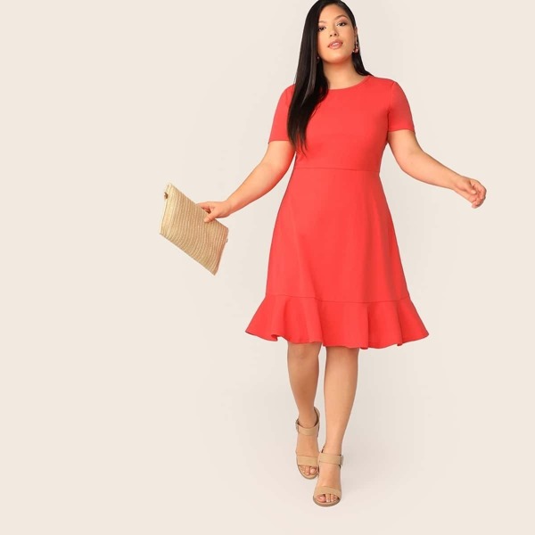 

Plus Neon Orange Ruffle Hem Dress, Orange bright