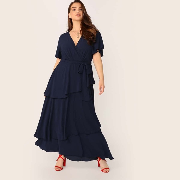 

Plus Surplice Neck Layered Ruffle Belted Maxi Dress, Navy
