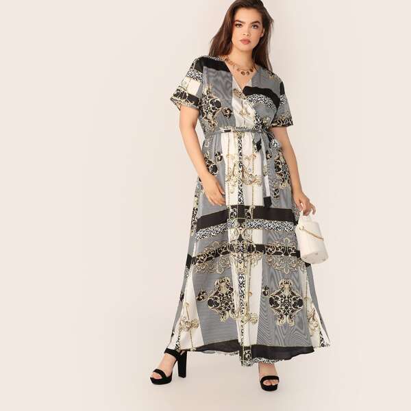

Plus Scarf Print Surplice Neck Belted Dress, Multicolor