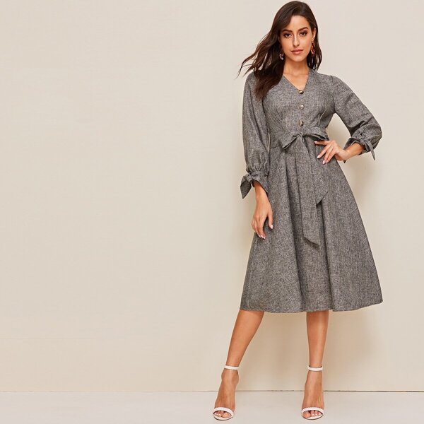 

Button Front Knot Cuff Self Belted Dress, Grey