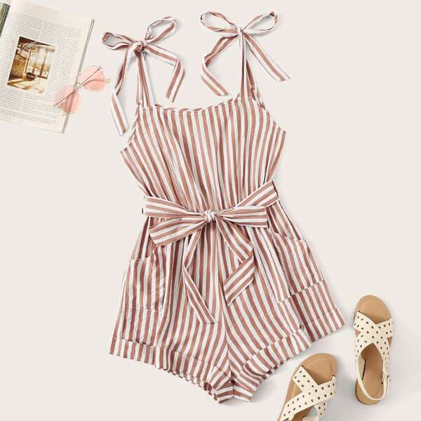 

Knot Strap Belted Roll Up Hem Striped Romper