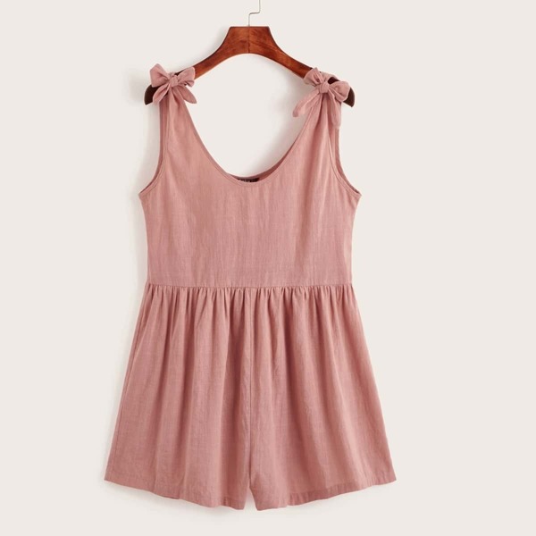 

Tie Shoulder Round Neck Romper, Pink
