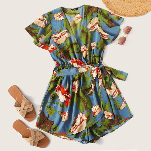 

Flutter Sleeve Surplice Wrap Tropical Romper