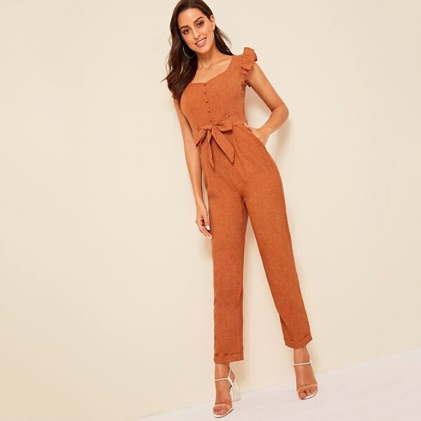 

Ruffle Armhole Covered Button Self Belted Jumpsuit