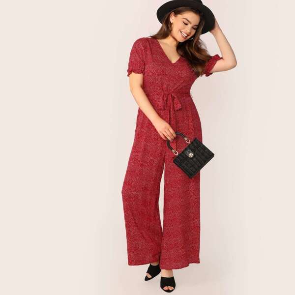 

Plus Dot Print Wide Leg Belted Maxi Jumpsuit