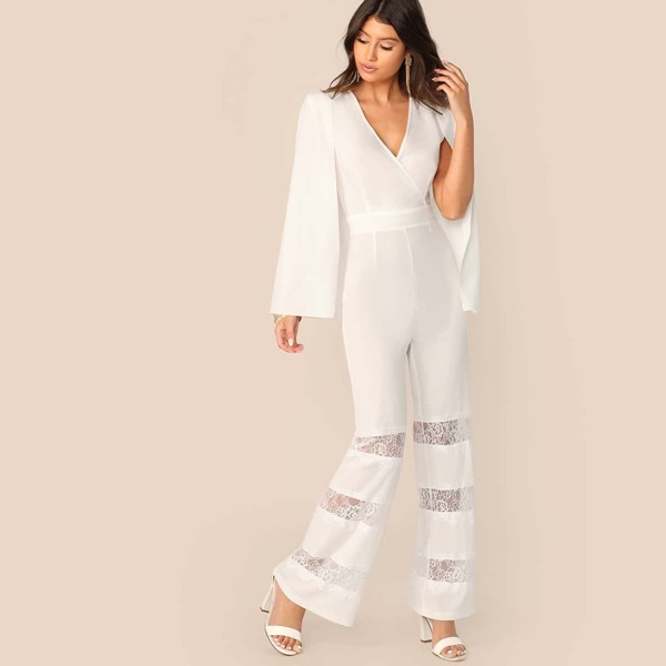 

Surplice Neck Lace Insert Cape Jumpsuit, White
