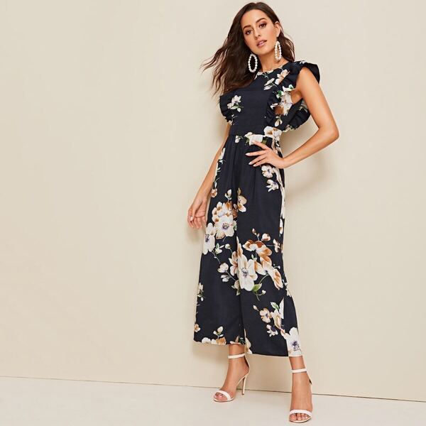 

Floral Print Ruffle Armhole Wide Leg Jumpsuit, Navy