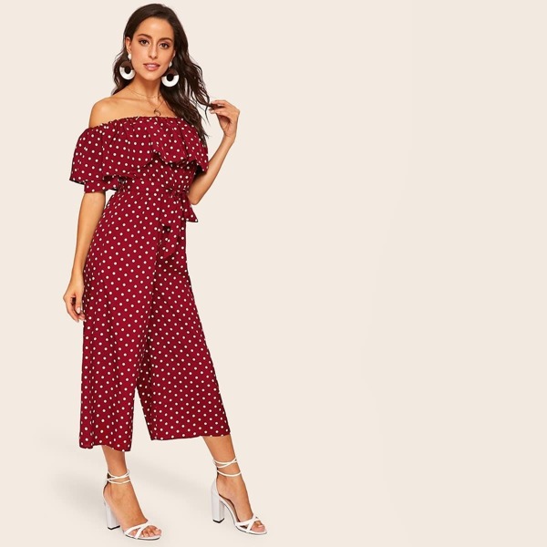 

Flounce Foldover Off Shoulder Wide Leg Jumpsuit, Burgundy
