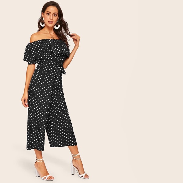 

Flounce Foldover Off Shoulder Wide Leg Jumpsuit, Black and white