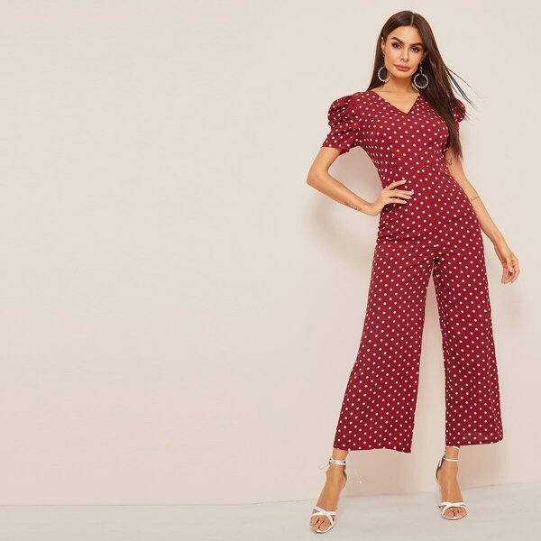

Puff Sleeve Wide Leg Polka Dot Jumpsuit