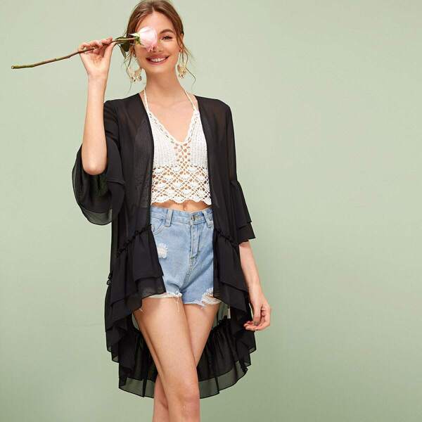 

Layered Ruffle Trim Semi Sheer Asymmetrical Kimono, Black