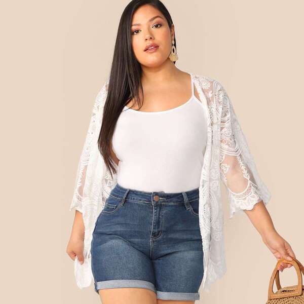 

Plus Drop Shoulder Scalloped Embroidered Mesh Kimono, White