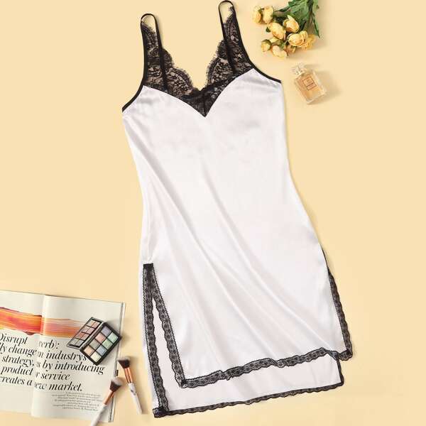 

Contrast Lace Insert Split Side Nightdress, White