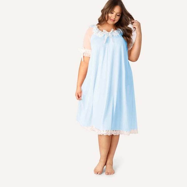 

Plus Bow Tie Neck Embroidered Mesh Ruffle Nightdress