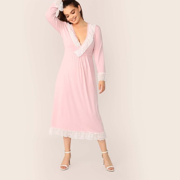

Plus Deep V Neck Lace Trim Night Dress