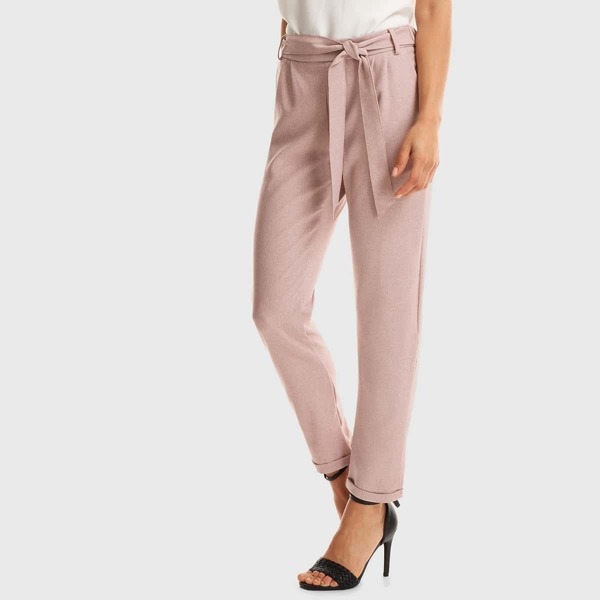

Elastic Waist Belted Cuffed Cigarette Pants, Pink