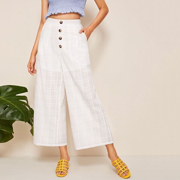 

Button Front Slant Pocket Wide Leg Pants, White