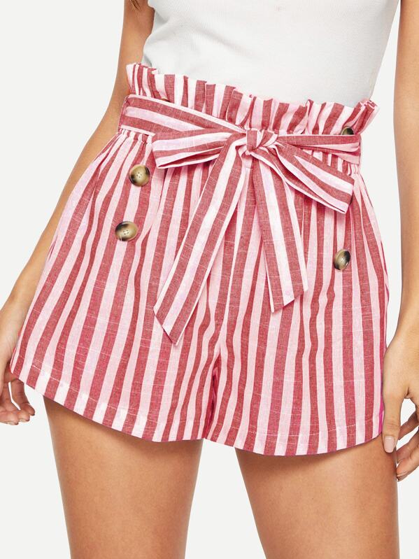 

Paperbag Waist Double Button Striped Shorts, Pink, Juliana