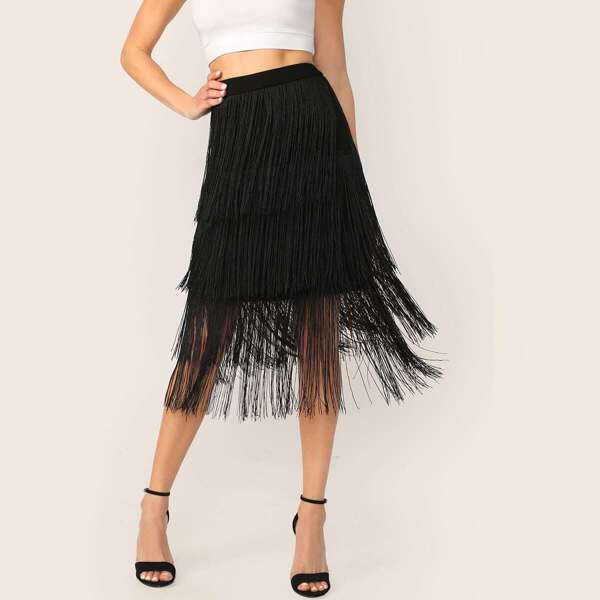

Layered Fringe Overlay Skirt, Black
