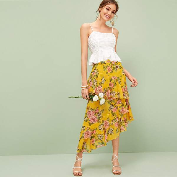 

Floral Print Layered Ruffle Trim Asymmetrical Skirt, Yellow