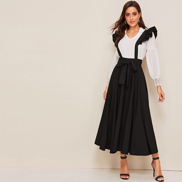 

Wide Waistband Self Belted Skirt With Ruffle Strap, Black