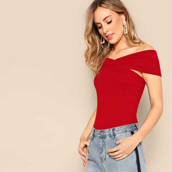 

Wrap Detail Off Shoulder Rib-knit Tee