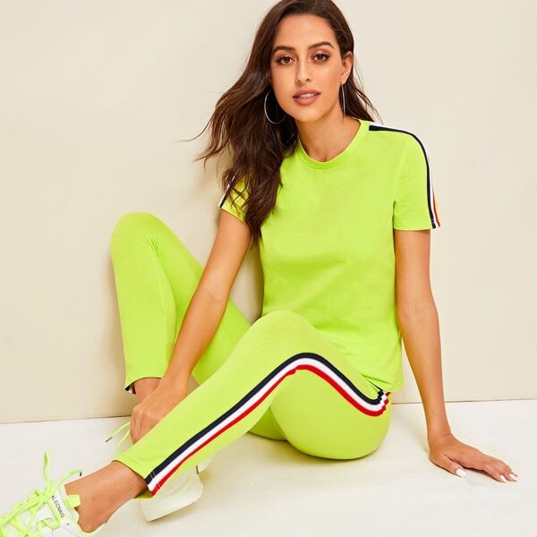 

Neon Lime Striped Tape Side Top and Leggings Set