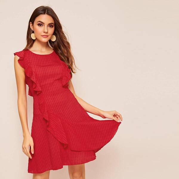 

Ruffle Trim Plaid Dress With Wrap Skirt