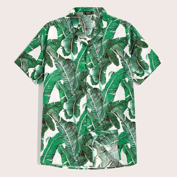 

Men Palm Leaf Print Revere Collar Aloha Shirt