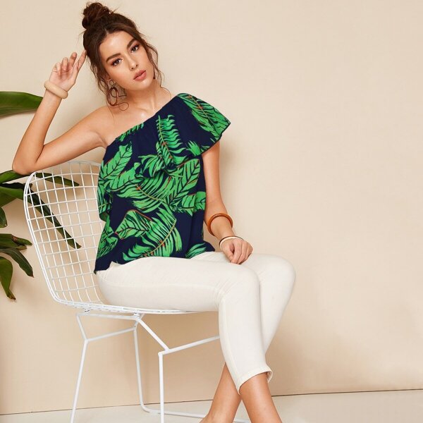 

Jungle Leaf One Shoulder Ruffle Trim Top, Multicolor