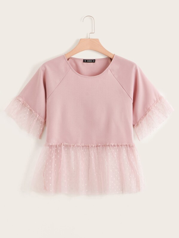 

Plus Raglan Sleeve Dobby Mesh Hem Top, Pink