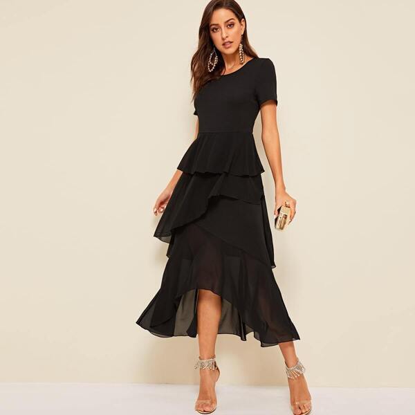 

Layered Ruffle Asymmetric Hem Fit & Flare Dress, Black