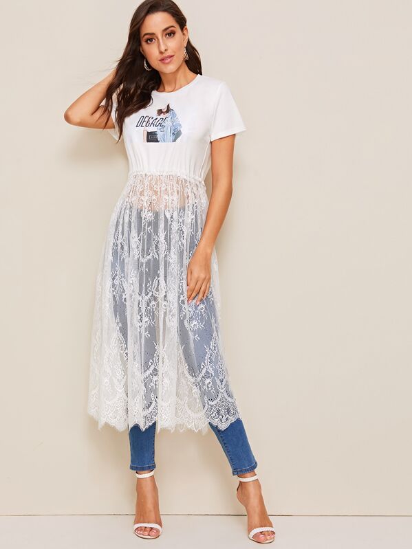 

Figure Print Mixed Media Lace Dress, White, Mary P.