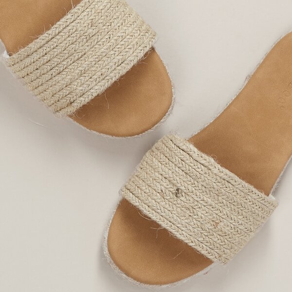 

Wide Braided Jute Band Flat Slide Sandals, Apricot