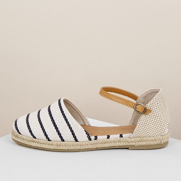 

Striped Round Toe Ankle Strap Espadrille Flats