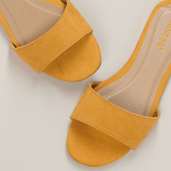 

Peep Toe Single Band Flat Slide Mule Sandals, Mustard