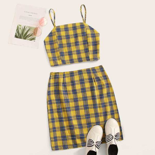 

Plaid Print Shirred Back Cami Top With Skirt