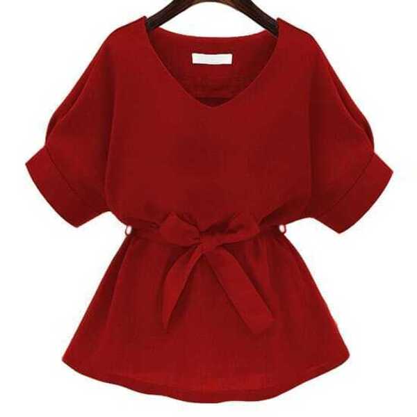 

V-neck Self Tie Waist Blouse