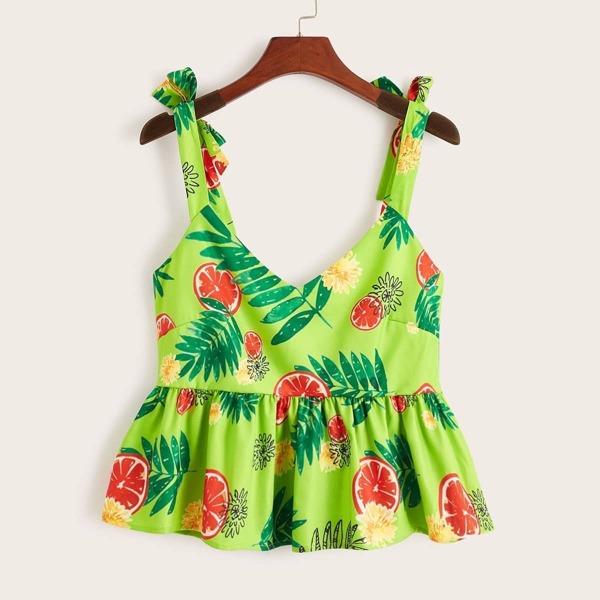 

Fruit & Plant Print Ruffle Hem Cami Top