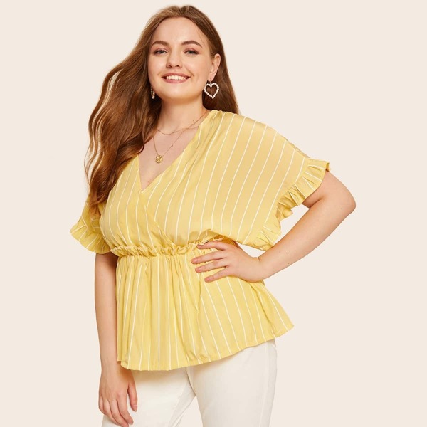 

Plus Striped Lettuce Frill Blouse