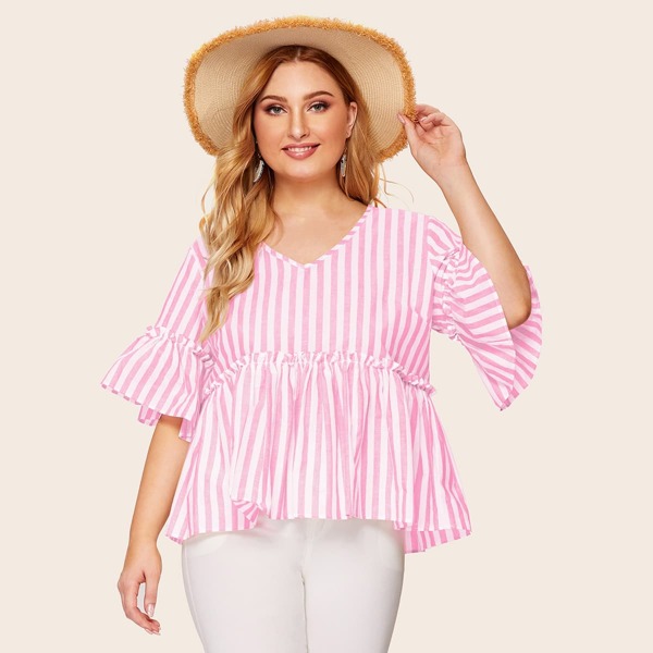 

Plus Striped Ruffle Hem Frill Blouse, Pink