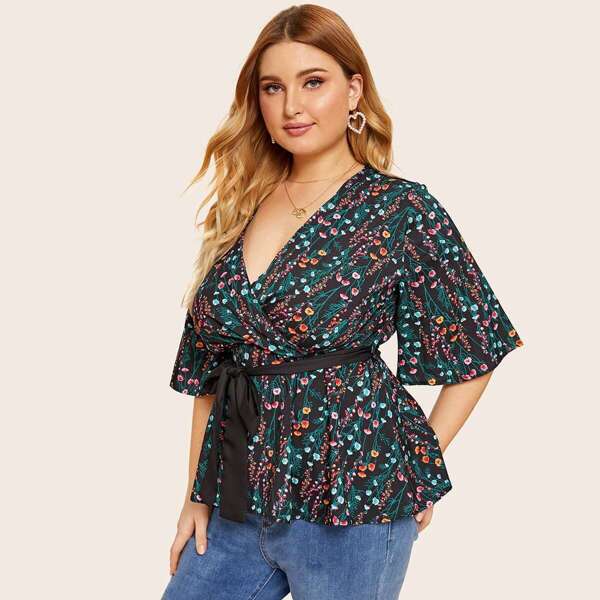 

Plus Ditsy Floral Surplice Front Blouse