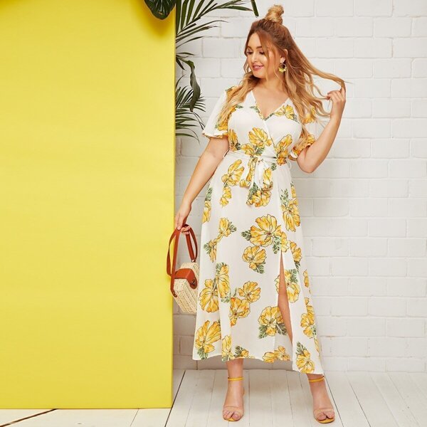 

Plus Surplice Front Floral Print Dress, Multicolor