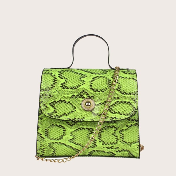 

Snakeskin Print Flap Satchel Bag
