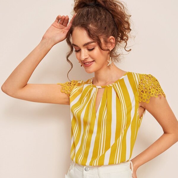 

Contrast Lace Striped Keyhole Front Blouse