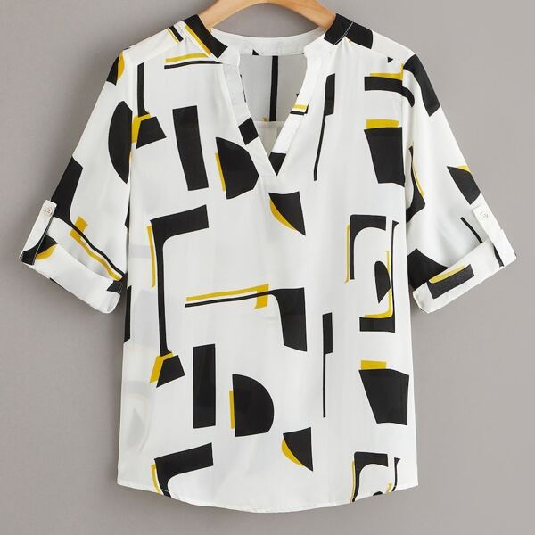 

Plus Geo Print Roll Up Sleeve Blouse, Multicolor