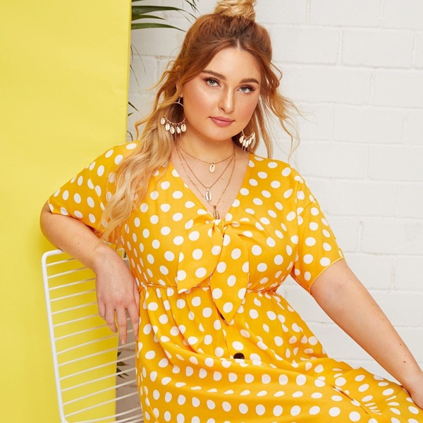 

Plus Polka Dot Tie Front Dress, Yellow