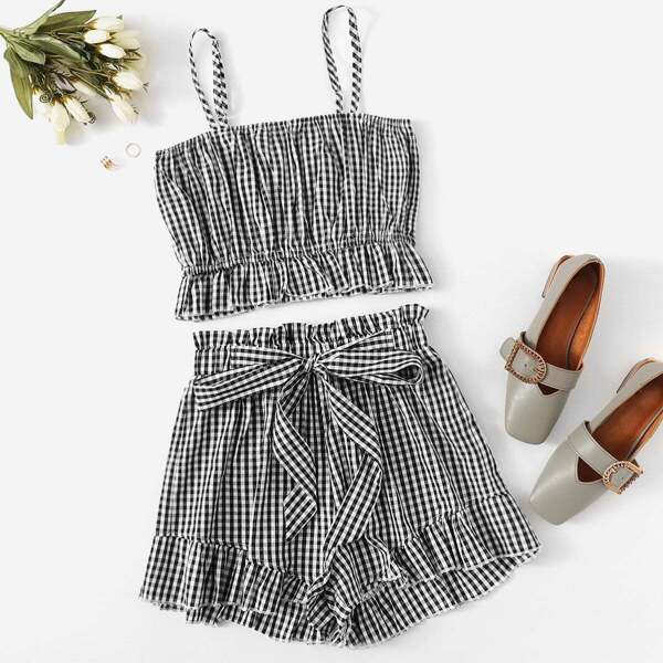 

Plus Gingham Ruffle Hem Cami Top & Shorts, Black and white