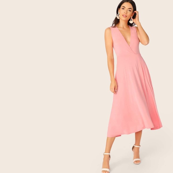 

Plunging Neck Pocket Side Wrap Dress, Pink pastel